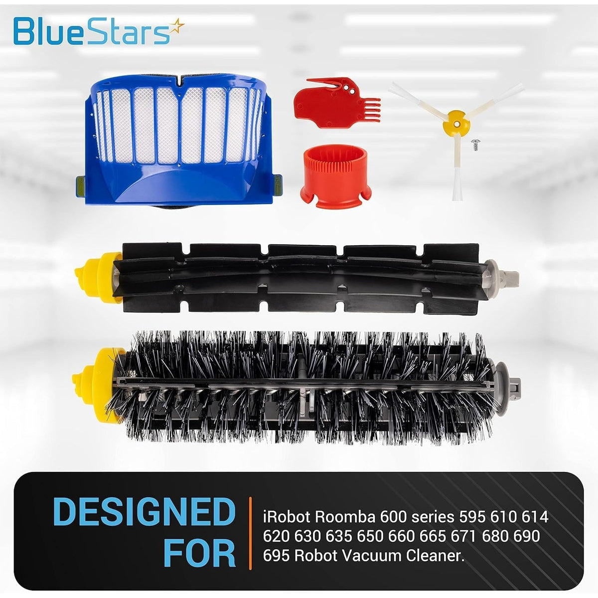 Replacement parts kit for iRobot Roomba 600 and 500 series including brushes, filter, cleaning tool, and side brush.