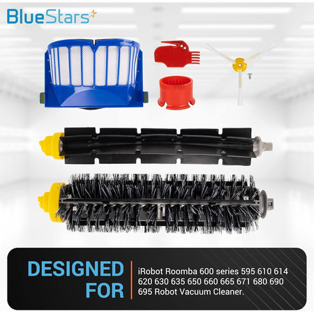 Replacement parts kit for iRobot Roomba 600 and 500 series including brushes, filter, cleaning tool, and side brush.