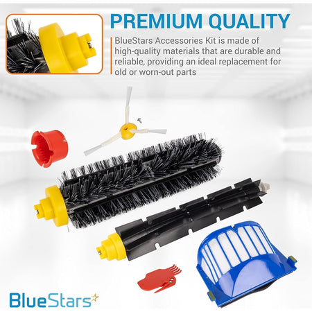 Replacement parts kit for iRobot Roomba 600 and 500 series including brushes, filter, side brush, and cleaning tool.