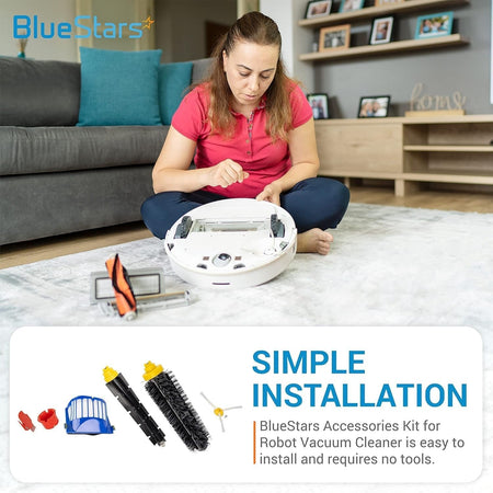 Woman installing replacement parts into an iRobot Roomba vacuum cleaner with accessories kit components shown.