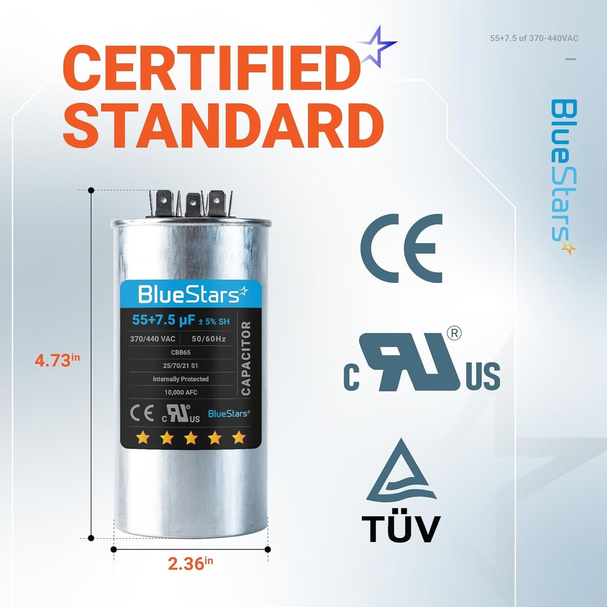 BlueStars 55+7.5 uF dual run round capacitor with 4.73-inch height and 2.36-inch width dimensions.