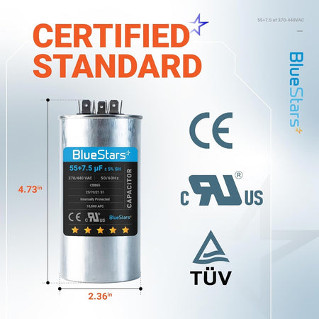 BlueStars 55+7.5 uF dual run round capacitor with 4.73-inch height and 2.36-inch width dimensions.