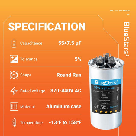 Specification chart for 55+7.5 uF 370/440 VAC dual run round capacitor with technical details and product image.