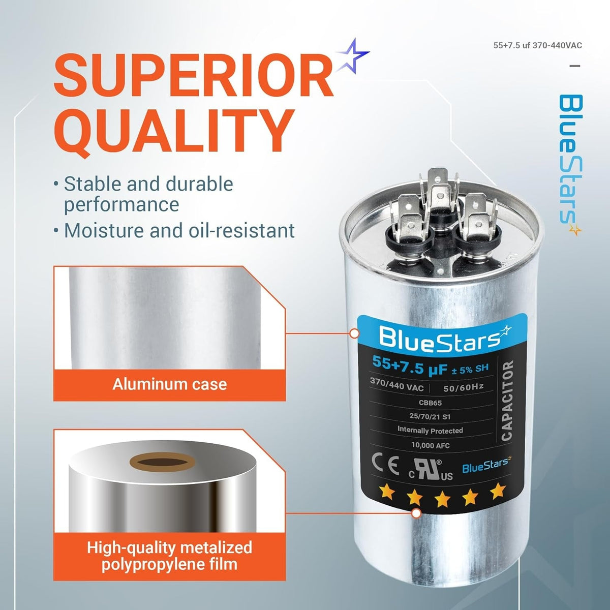 BlueStars 55+7.5 uF dual run capacitor with aluminum case and metalized film construction details.