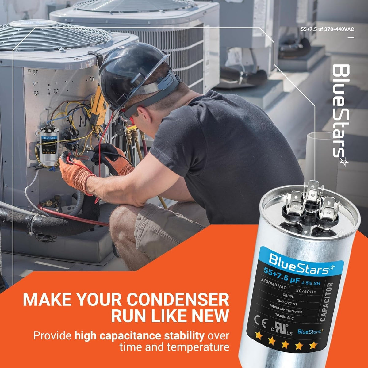 Technician installing a 55+7.5 uF CBB65B dual run round capacitor in an AC condenser unit.