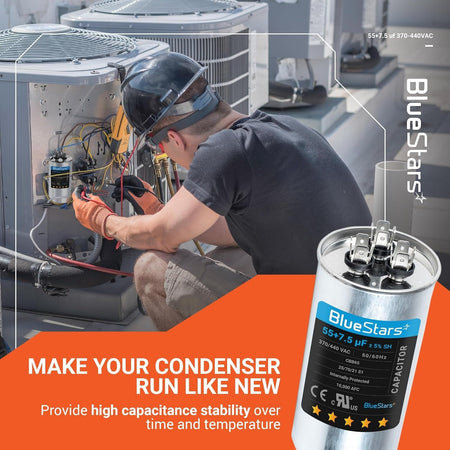 Technician installing a 55+7.5 uF CBB65B dual run round capacitor in an AC condenser unit.