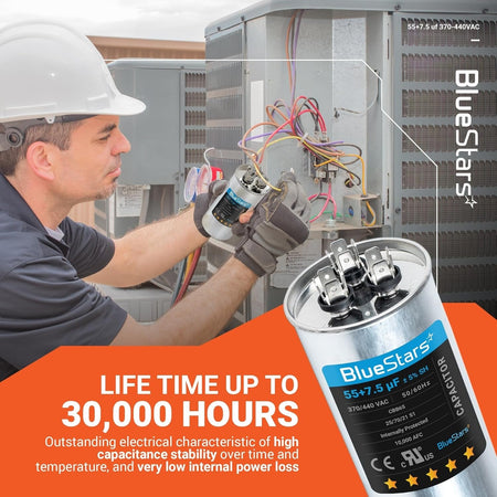 Technician installing a 55+7.5 uF dual run round capacitor in an HVAC condenser unit.