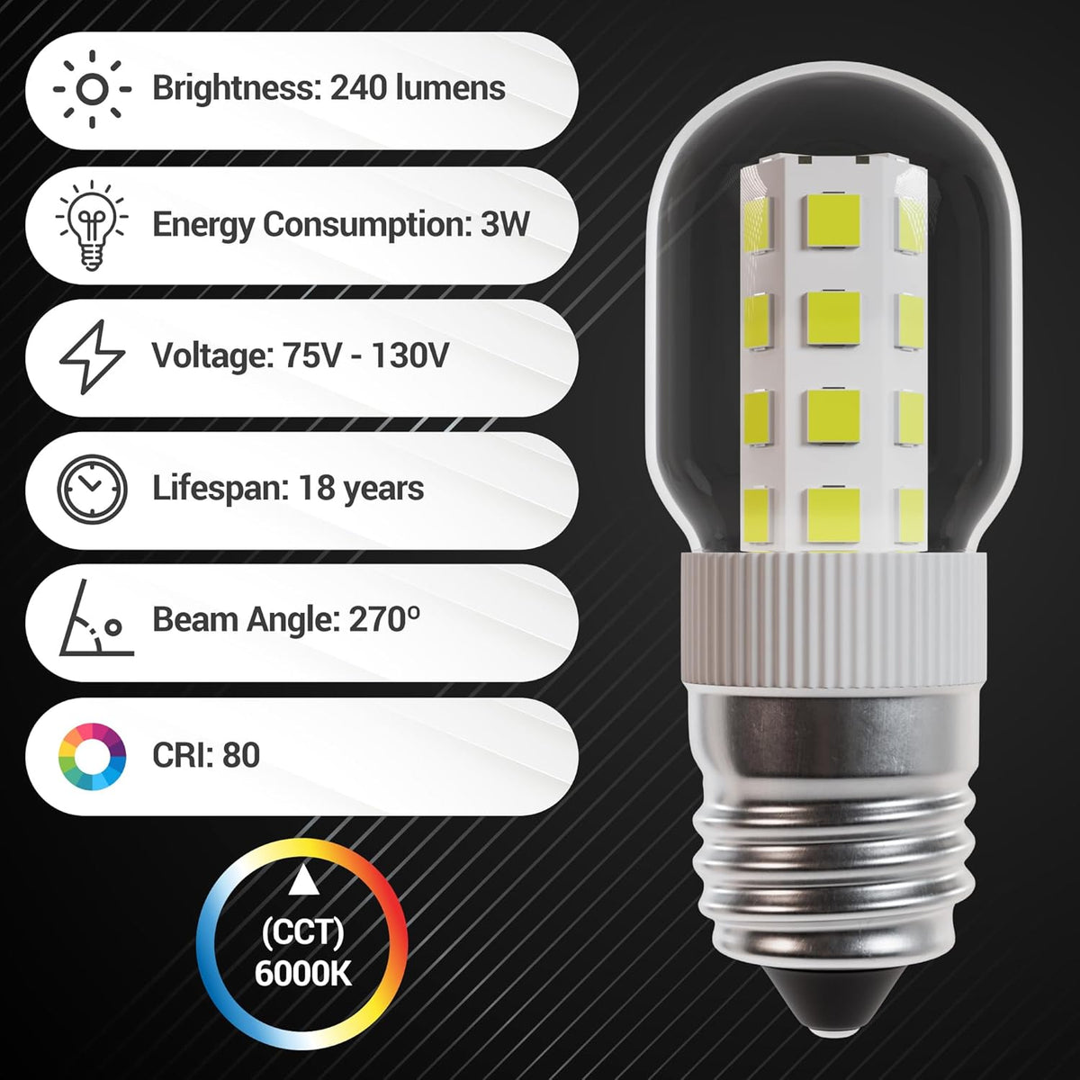 Single 3W E17 base microwave LED bulb with technical specification infographic.