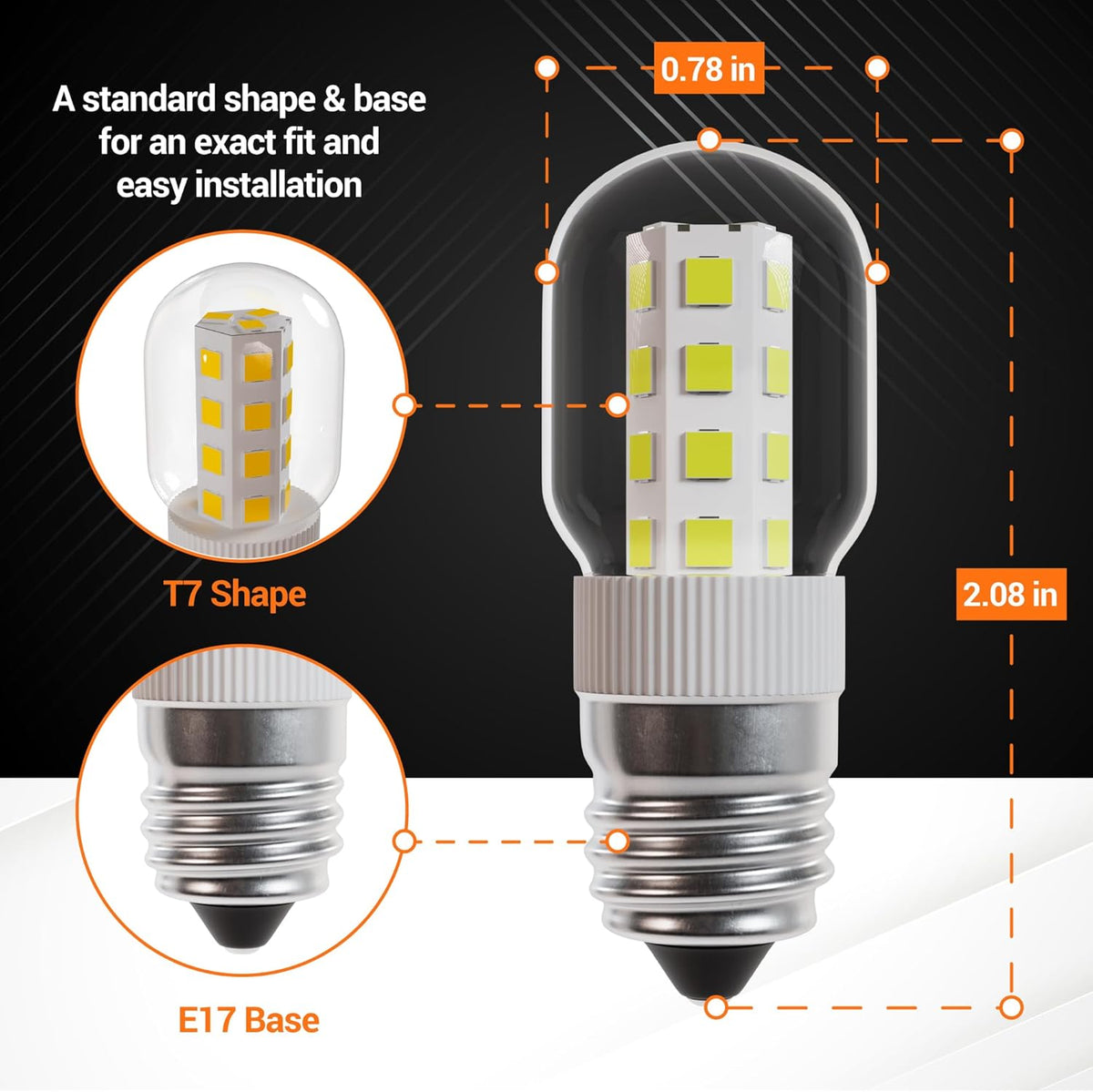 Diagram showing dimensions of 3W E17 base microwave LED bulb with T7 shape and 2.08-inch height.