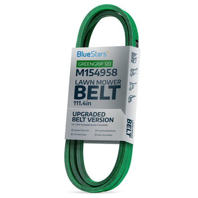M154958 secondary mower deck belt in green packaging for John Deere 48-inch mower decks.