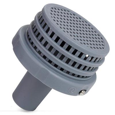 Grey pool strainer connector fitting for Intex above ground pool filter systems.