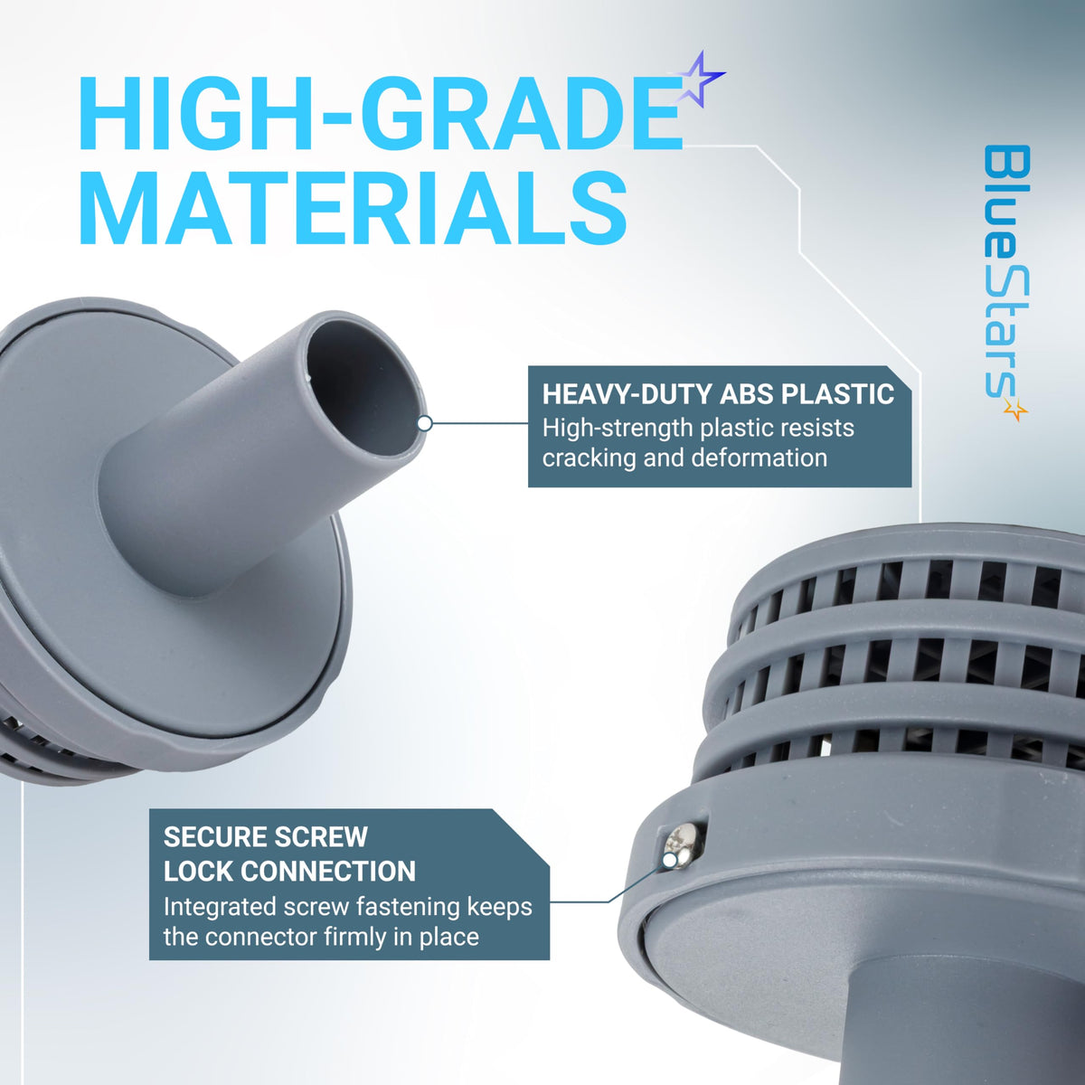 Close-up of durable ABS plastic pool strainer connector with secure screw lock for Intex above ground pool systems.