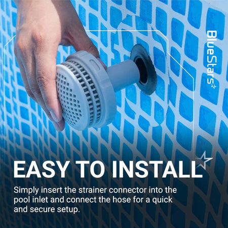 Hand installing a 1-1/4 inch pool strainer connector into an above ground pool inlet.