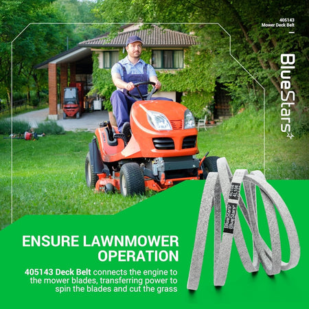405143 mower deck belt for 46-inch decks shown with a riding lawn mower in a residential yard.