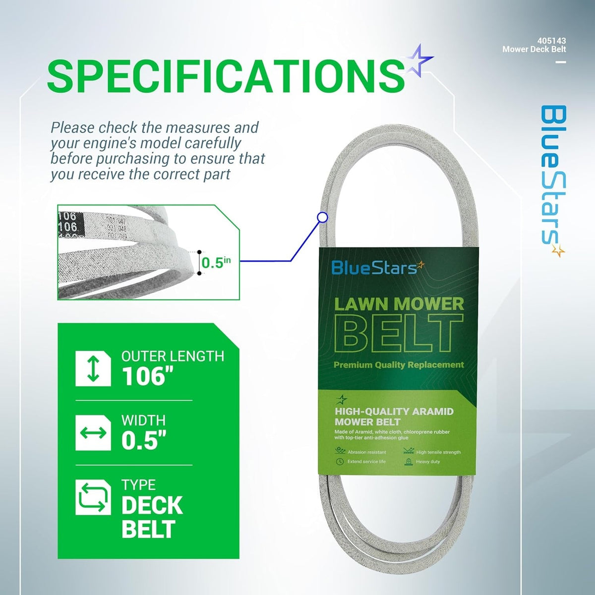 405143 mower deck belt specifications infographic showing 106-inch length and 0.5-inch width dimensions.