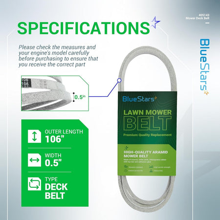 405143 mower deck belt specifications infographic showing 106-inch length and 0.5-inch width dimensions.