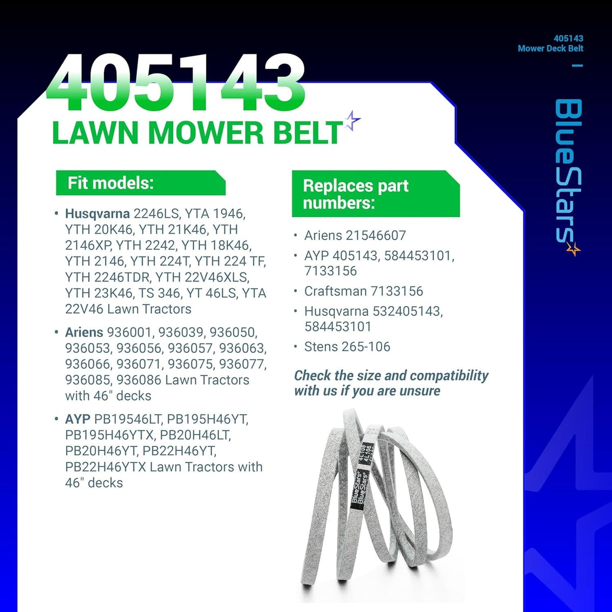 405143 mower deck belt information graphic showing compatibility and replacement part numbers for 46-inch lawn mowers.