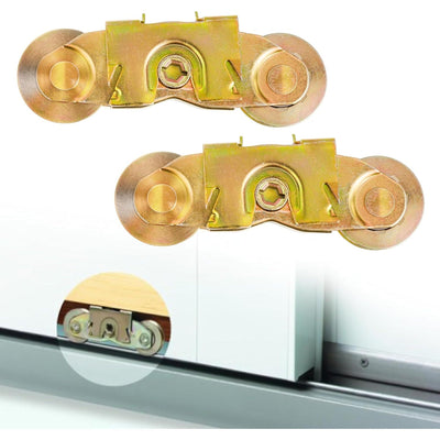 Two 1-1/4 inch steel ball bearing tandem roller assemblies for gliding patio doors with installation detail view.