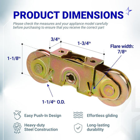 Dimension diagram of a gliding patio door tandem roller assembly with 1-1/4 inch steel ball bearing wheels.