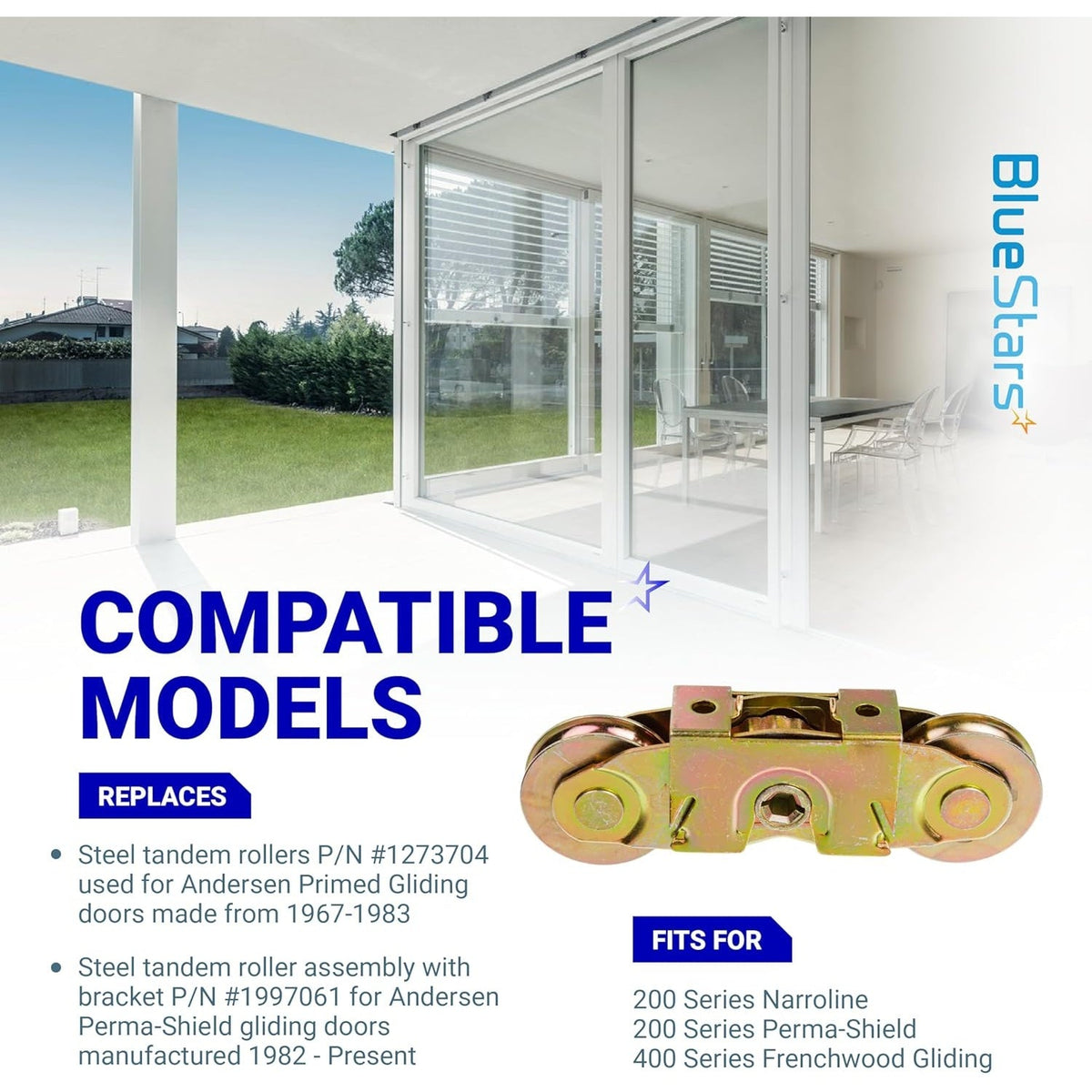 Infographic showing a steel tandem roller assembly for gliding patio doors with compatibility and replacement part details.