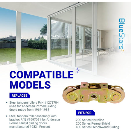 Infographic showing a steel tandem roller assembly for gliding patio doors with compatibility and replacement part details.