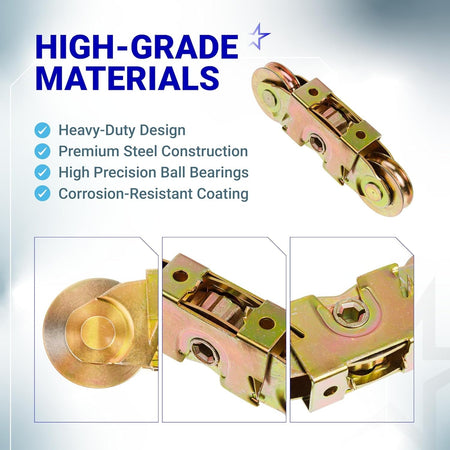 Infographic showing steel tandem roller assembly for gliding patio doors with close-up views of ball bearing components.