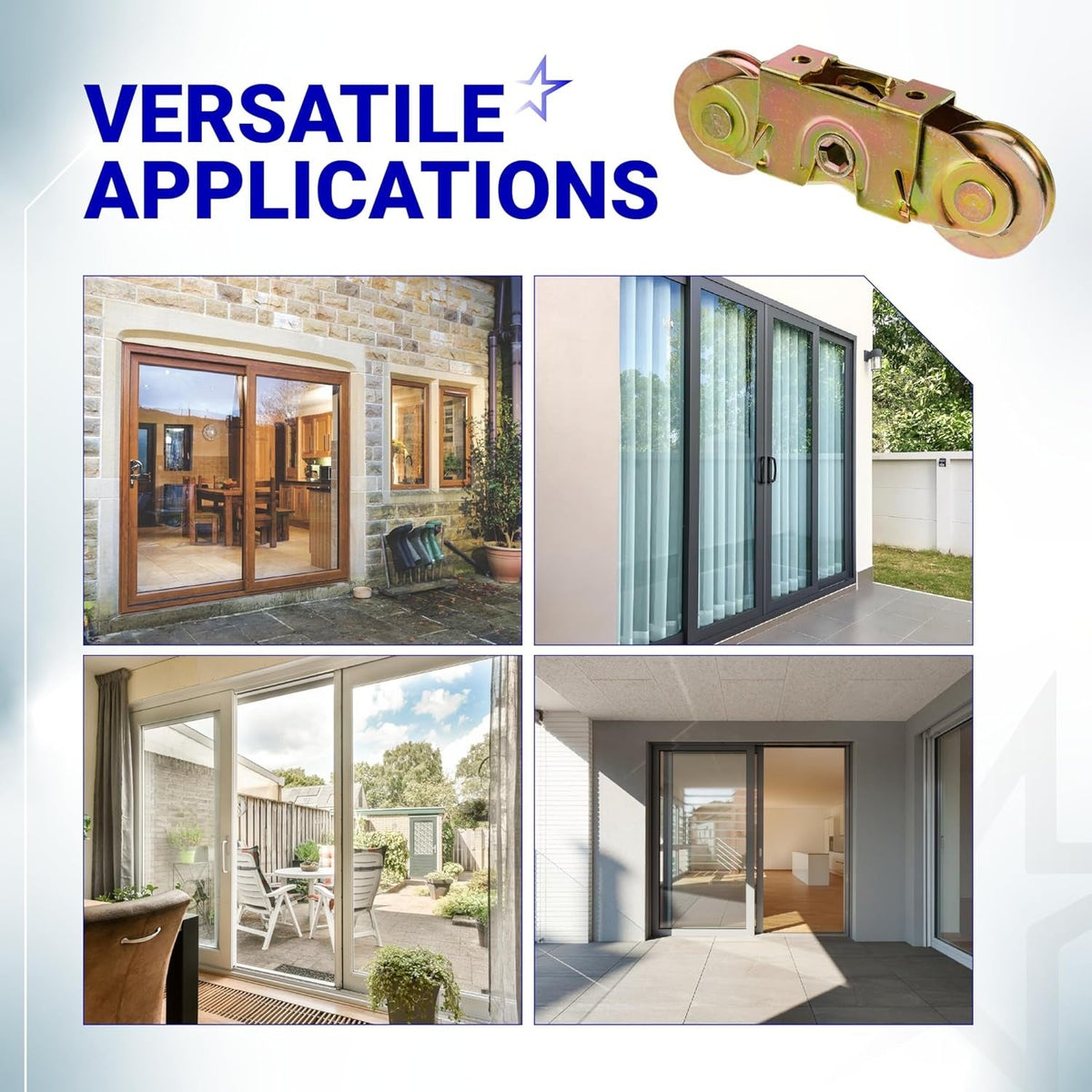 Gliding patio door tandem roller assembly shown with examples of sliding glass door applications.