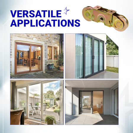 Gliding patio door tandem roller assembly shown with examples of sliding glass door applications.