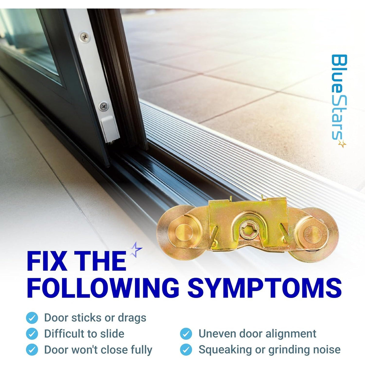 Gliding patio door tandem roller assembly shown with symptoms of a faulty sliding door track.