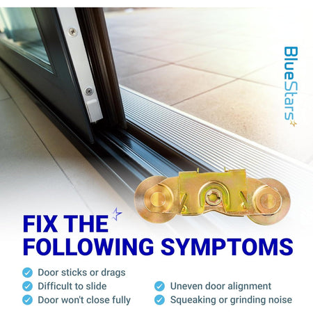 Gliding patio door tandem roller assembly shown with symptoms of a faulty sliding door track.