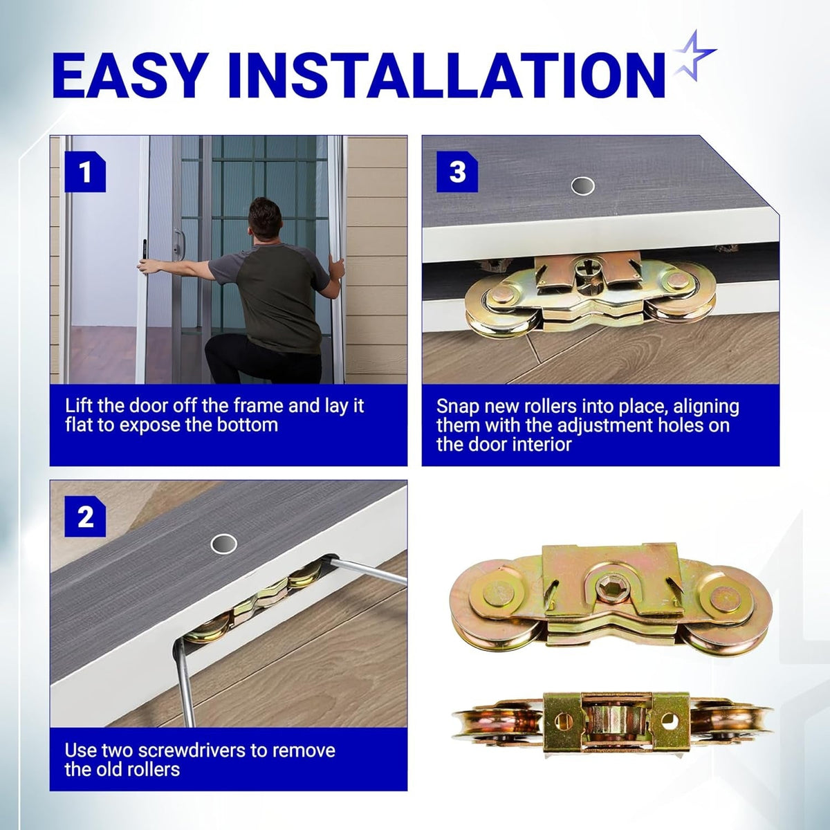 Step-by-step installation guide for gliding patio door tandem roller assembly with steel ball bearings.