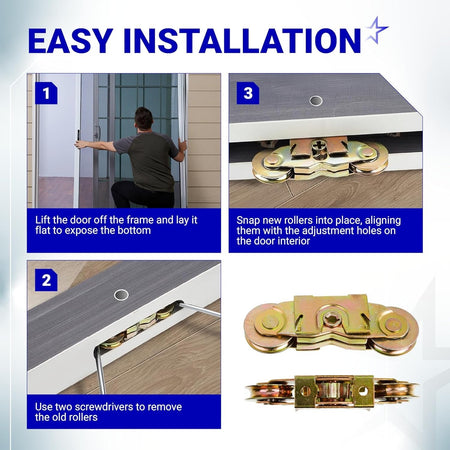 Step-by-step installation guide for gliding patio door tandem roller assembly with steel ball bearings.