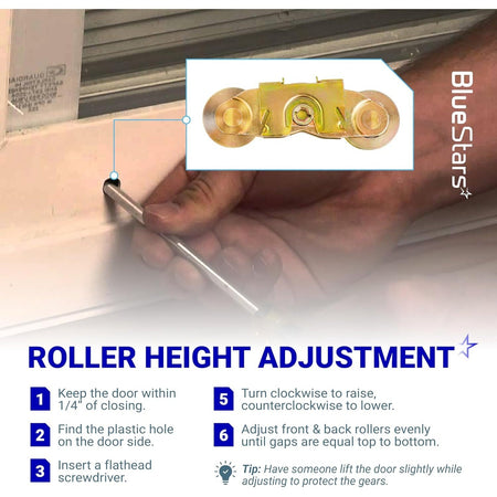 Instructional graphic showing how to adjust the height of a gliding patio door tandem roller assembly.