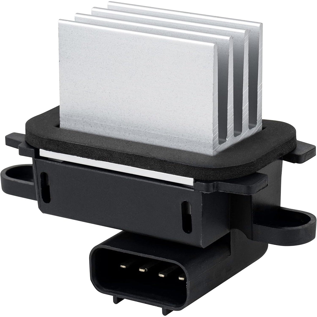 BL3Z-19E624-A blower motor resistor with silver cooling fins and black plastic housing.