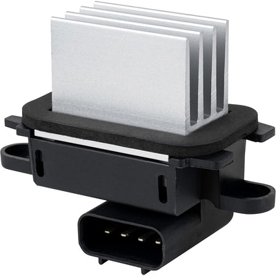 BL3Z-19E624-A blower motor resistor with silver cooling fins and black plastic housing.