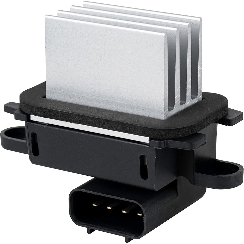 BL3Z-19E624-A blower motor resistor with silver cooling fins and black plastic housing.