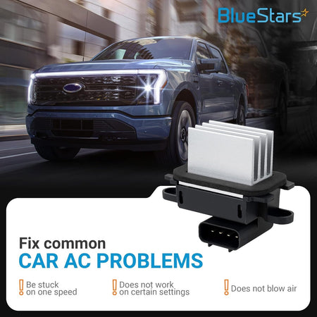 BL3Z-19E624-A blower motor resistor with cooling fins shown against a Ford truck background for AC repair.