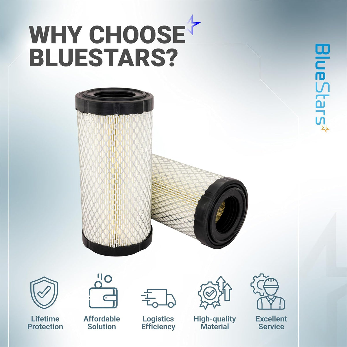 11013-1290 Air Filter 2-pack shown with two cylindrical filters and BlueStars benefits icons