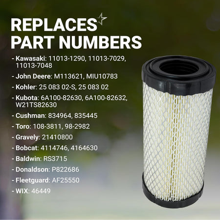 11013-1290 Air Filter, replacement part numbers listed beside the pictured cylindrical filter