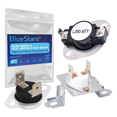 BlueStars dryer thermal fuse and thermostat kit with packaging for Samsung and Kenmore dryers.