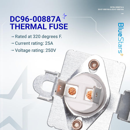 Close-up of DC96-00887A dryer thermal fuse with 320°F rating for Samsung and Kenmore dryers.