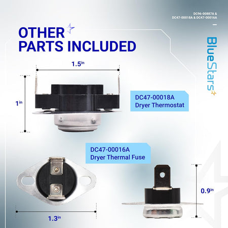 Diagram showing dimensions for Samsung dryer thermostat DC47-00018A and thermal fuse DC47-00016A.
