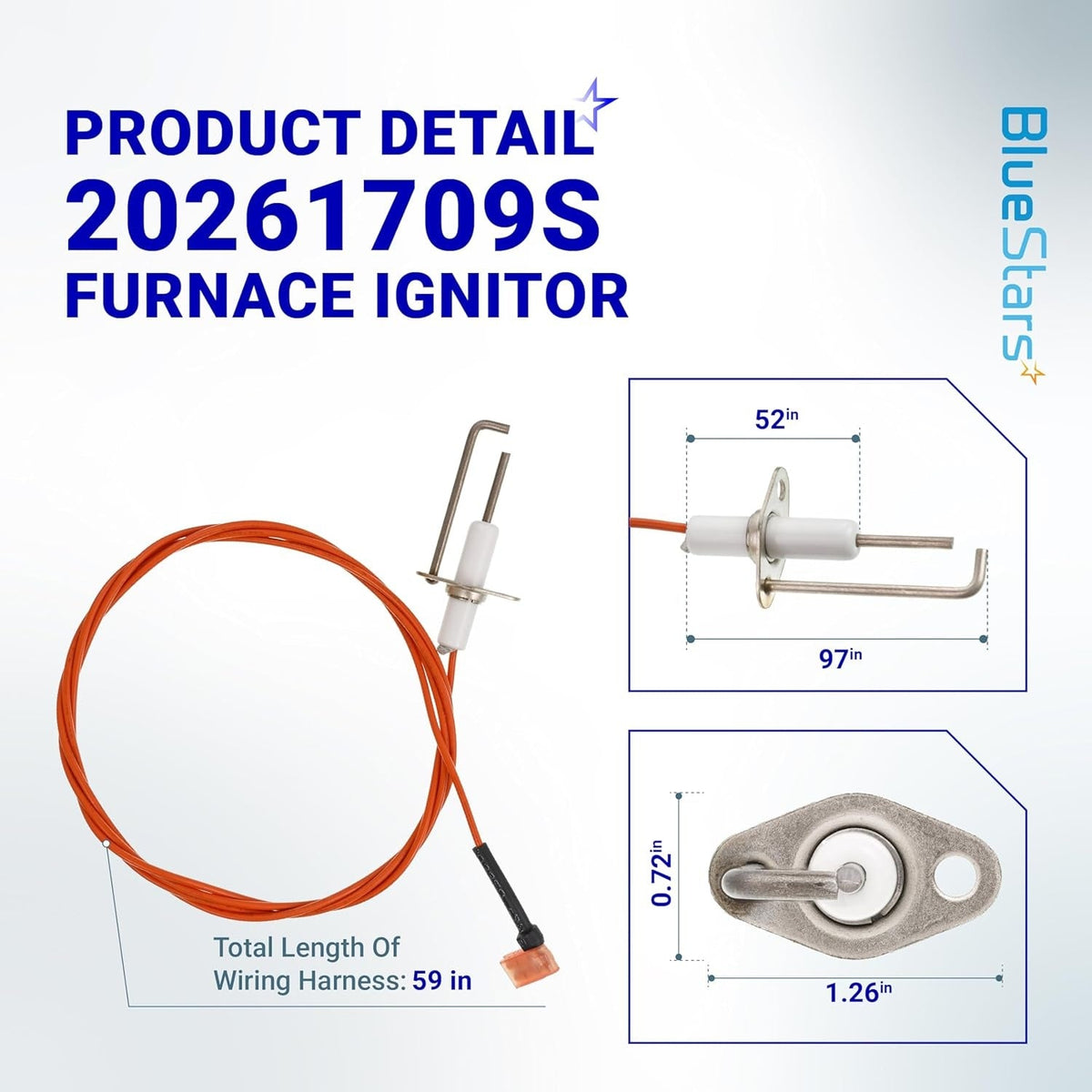 Dimensional diagram of 20261709S furnace ignitor showing wiring harness length and component measurements.