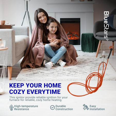20261709S furnace hot surface ignitor with orange wire shown in a cozy living room lifestyle graphic.