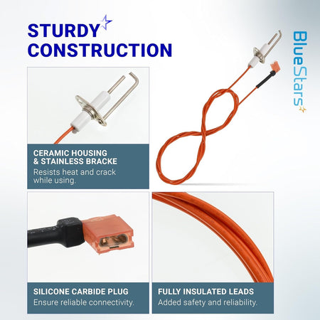 Infographic showing construction details of 20261709S furnace hot surface ignitor with ceramic housing and insulated leads.