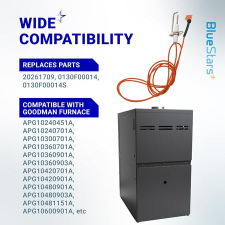 20261709S furnace hot surface ignitor with wiring harness and compatible Goodman furnace unit.