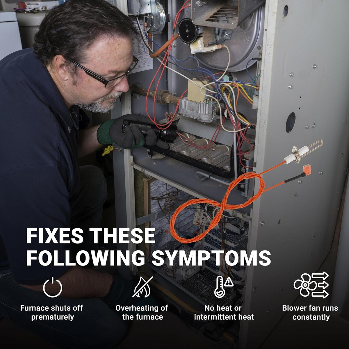 20261709S furnace hot surface ignitor shown with technician repairing furnace and list of common heating symptoms.