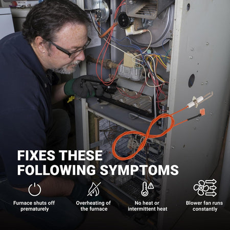 20261709S furnace hot surface ignitor shown with technician repairing furnace and list of common heating symptoms.