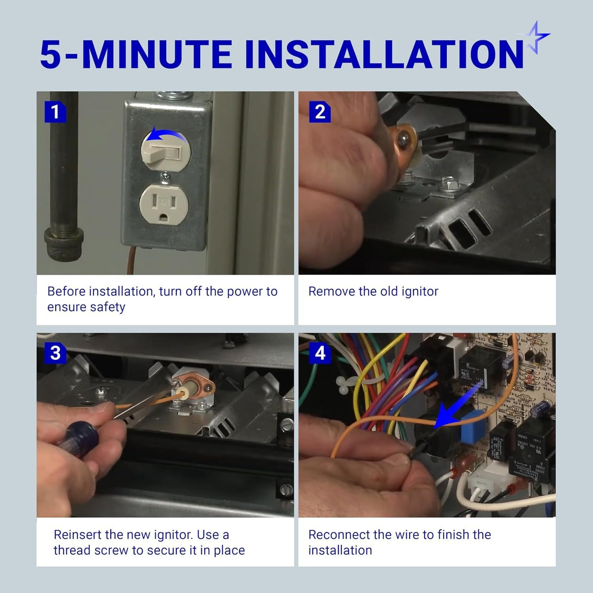 Four-step installation guide for 20261709S furnace hot surface ignitor showing power shutoff and wiring connection.
