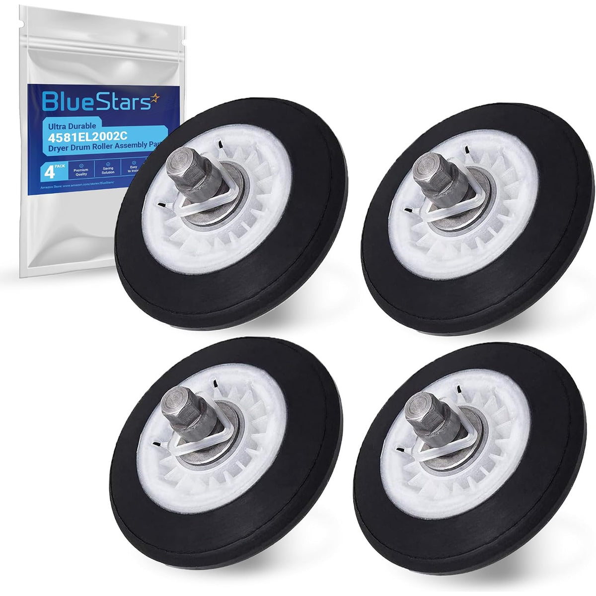 4581EL2002C Dryer Drum Roller Assembly, four black rollers shown with BlueStars product packaging